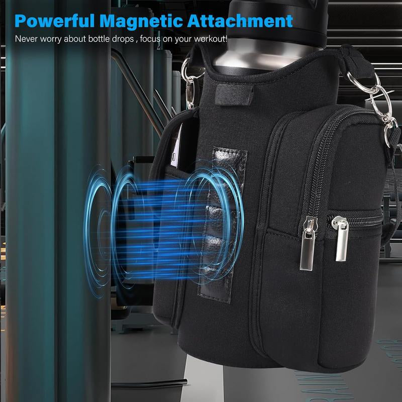 Magnetic Gym Bag for Men Women Water Bottle Carrier Holder with Phone Pockets & Shoulder Strap Gym Magnetic Bag 5 Built-In Magnets Gym Accessories Organizer Magnetic Bottle Pouch Diameter 3.9"